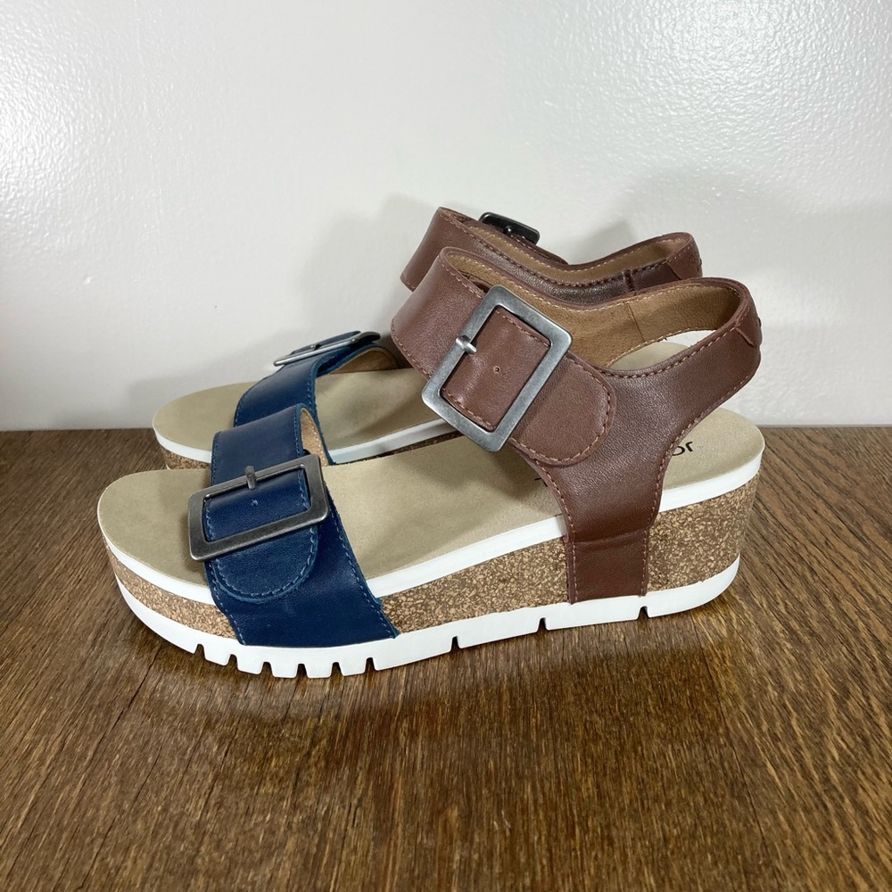 New Josef Seibel Quinn 02 Leather Buckle Wedge Women’s Size 7-7.5 Ocean/Camel - Picture 2 of 10